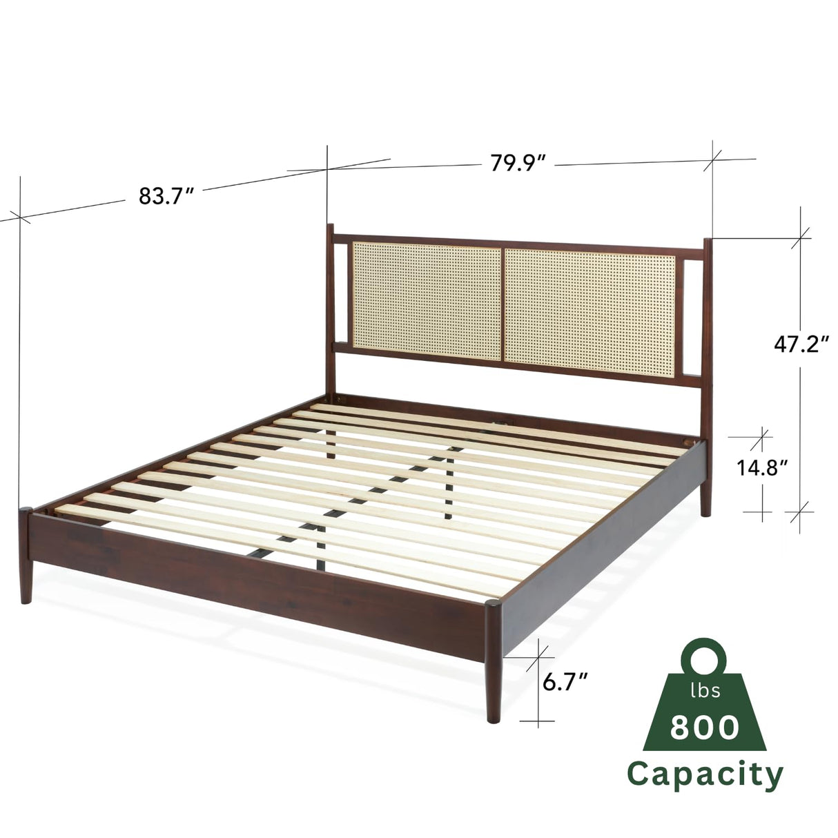 Bme Oliver King Bed Frame and Headboard - 15-Inch Signature Design with Rattan Headboard, Bohemian and Mid Century Style, 12-Slat Wood Support, No Box Spring Needed - Easy Assembly, Walnut Bme