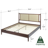 Bme Oliver King Bed Frame and Headboard - 15-Inch Signature Design with Rattan Headboard, Bohemian and Mid Century Style, 12-Slat Wood Support, No Box Spring Needed - Easy Assembly, Walnut Bme