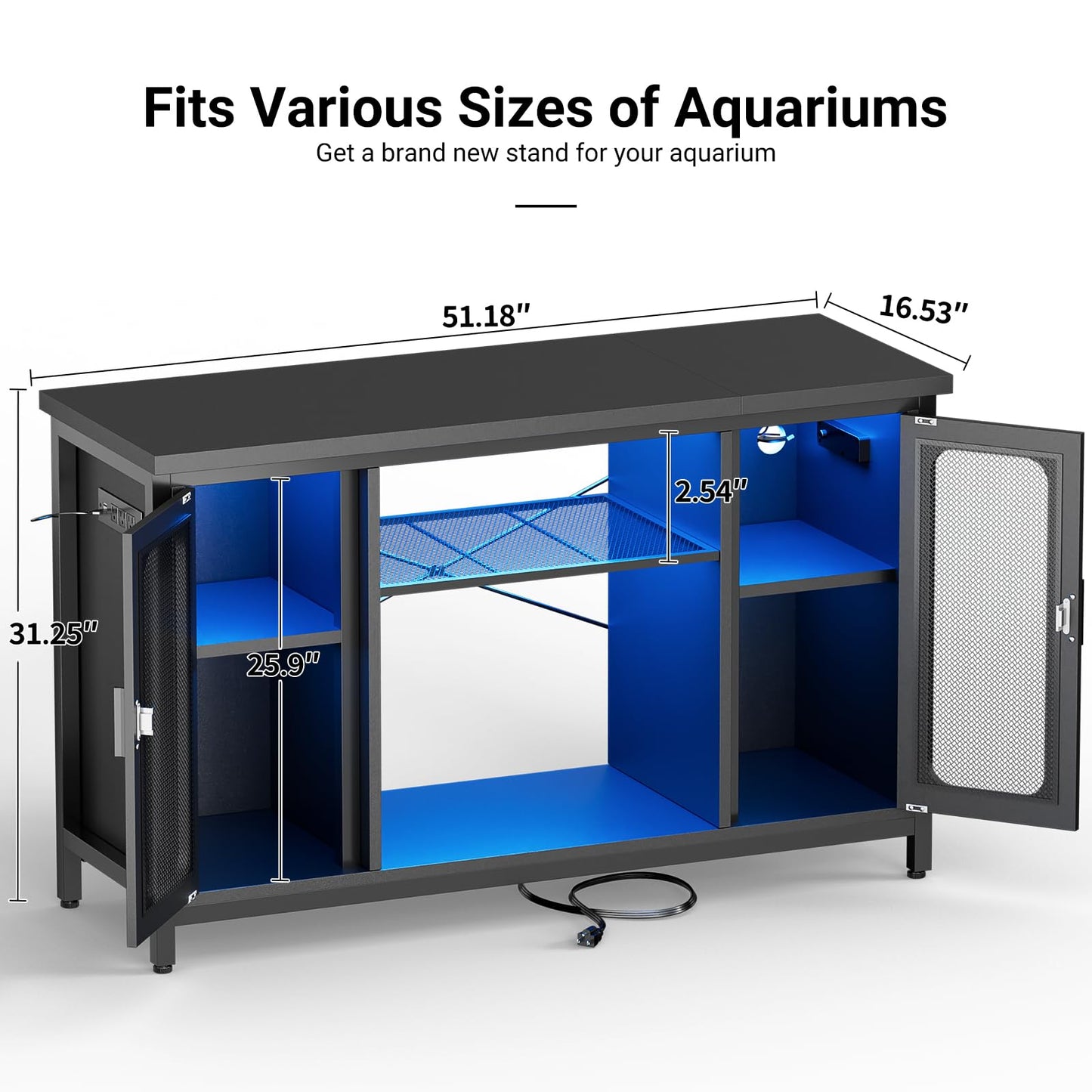 Unikito Reptile Tank Stand Fish Tank Stand with Power Outlets & LED Light, 55-75 Gallon Reversible Terrarium Stand with Cabinet, Metal Aquarium Stand for Reptile Terrarium, Turtle Tank, Black - WoodArtSupply