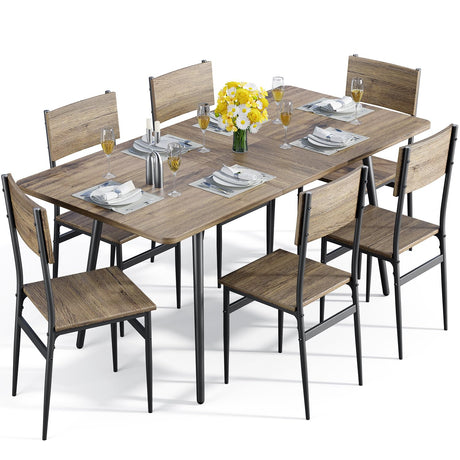 Qsun 63” 7-Piece Dining Table Set for 4-6 People, Extendable Kitchen Table Set with 6 Chairs, Dining Room Table with Metal Frame and Solid MDF Wood Board for Kitchen, Grey Qsun