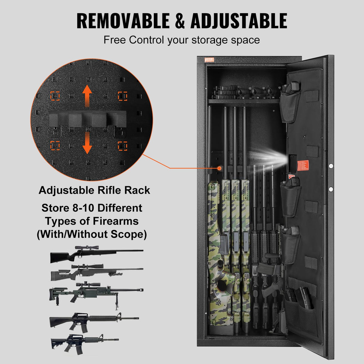 VEVOR 8-10 Rifles Gun Safe, Rifle Safe with Lock & Digital Keypad, Quick Access Tall Gun Storage Cabinet with Removable Shelf, Rifle Cabinet for Home Rifle and Shotguns VEVOR