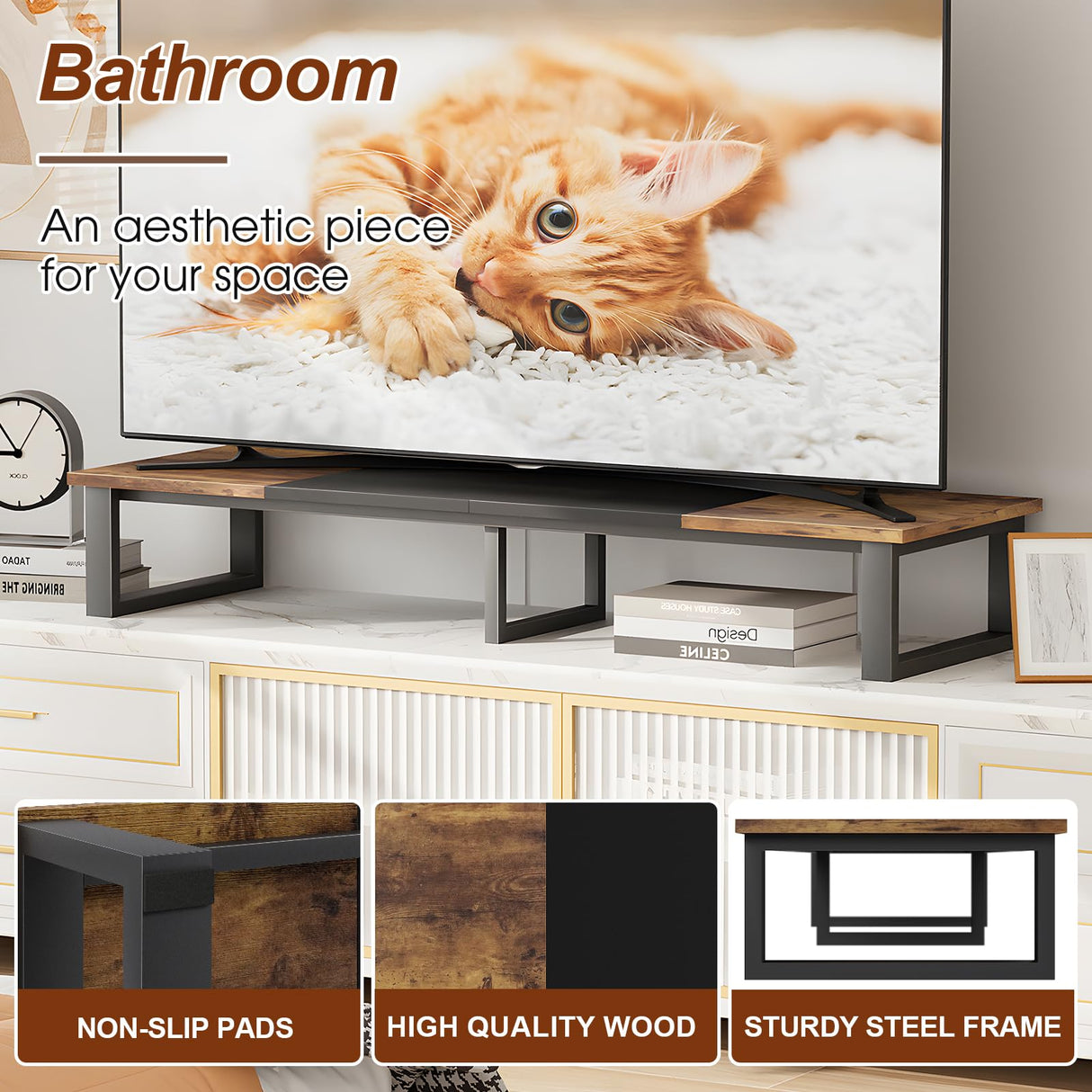 aboxoo 47" Large TV Riser for 32-60 inch TV, TV Riser Stand Shelf with Steel Legs,Tabletop TV Stand Riser for Home Office,Computer Monitor Stand Desktop Storage Stand (Rustic Brown & Black) aboxoo