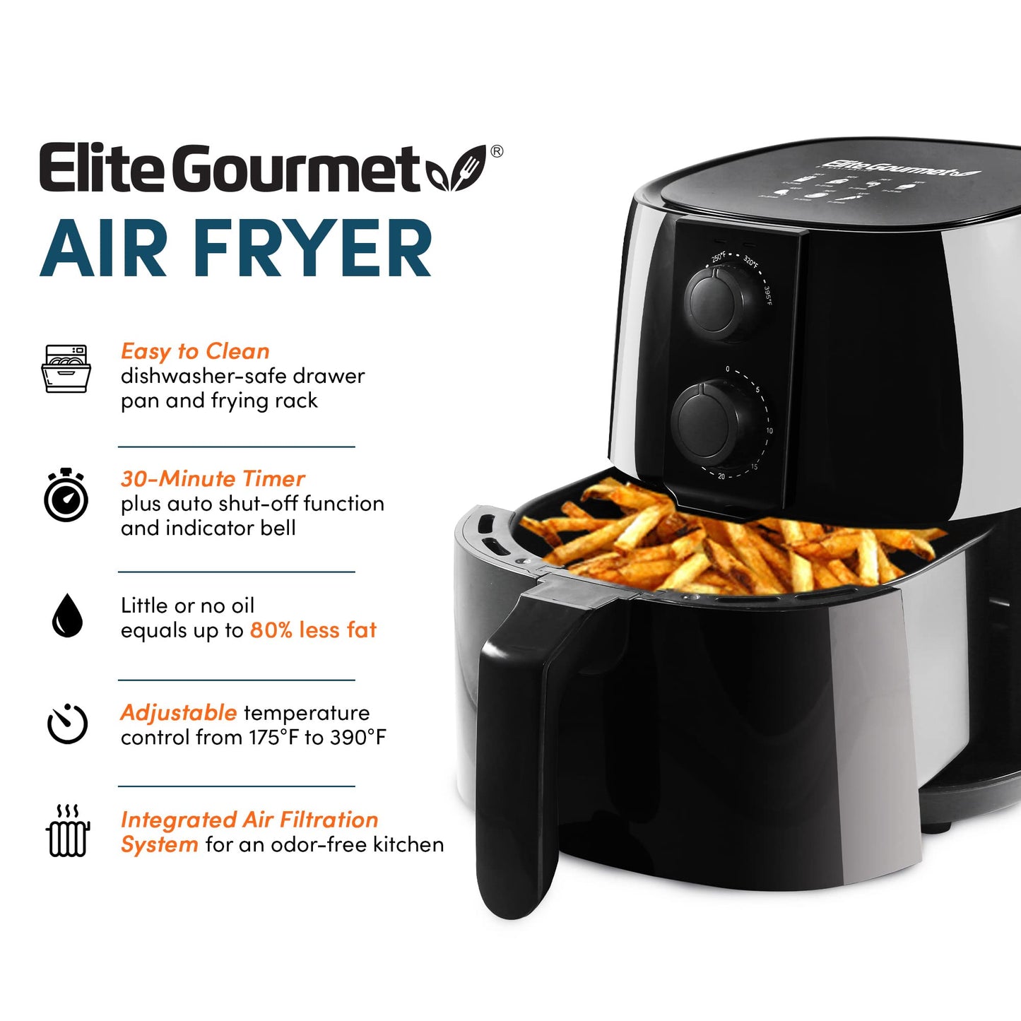 Elite Gourmet EAF4617 Electric Digital Hot Air Fryer, 1350Watts, Oil-Less Healthy Cooker, Timer & Temperature Controls, 4 Quart, Black