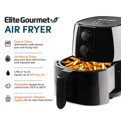 Elite Gourmet EAF4617 Electric Digital Hot Air Fryer, 1350Watts, Oil-Less Healthy Cooker, Timer & Temperature Controls, 4 Quart, Black