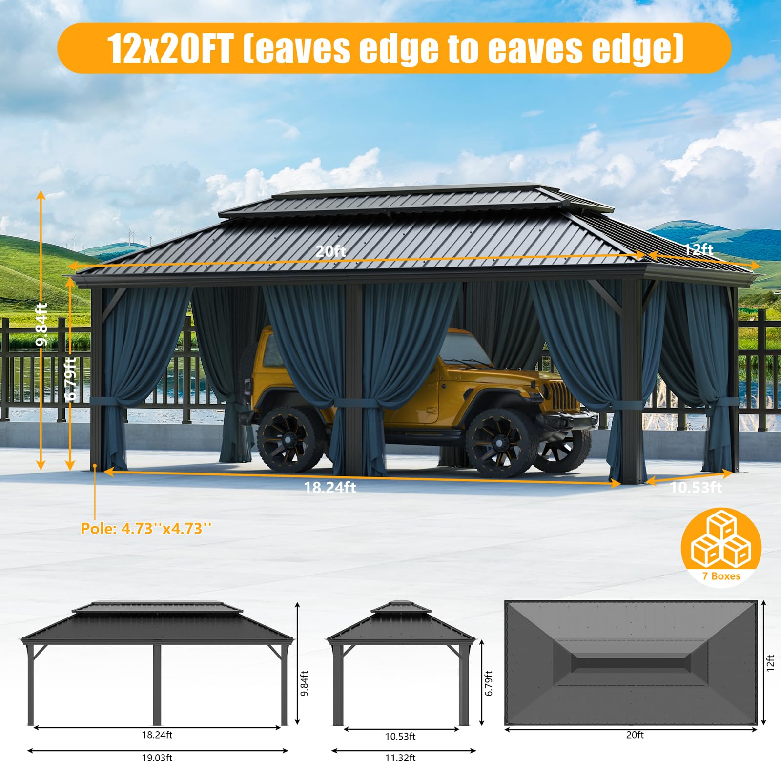 HOTEEL 12x20ft Hardtop Gazebo Heavy Duty Gazebo with Galvanized Steel Double Roof, Permanent Gazebo with Netting and Curtains, Aluminum Frame Outdoor Gazebo for Patio, Backyard, Deck and Lawn - WoodArtSupply