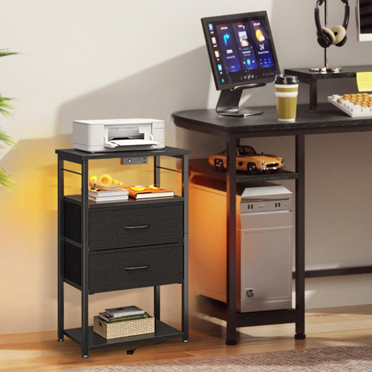 KKL Tall Nightstand with Charging Station and LED Lights, Bedside Table with Fabric Drawers, Open Shelves Storage for Bedroom, Black KKL