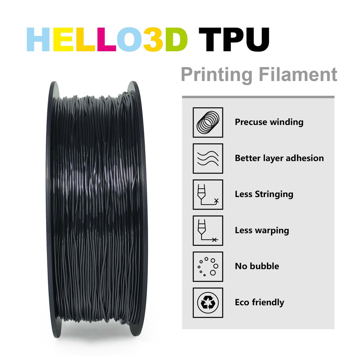 HEllO3D TPU Filament 1.75mm Flexible 3D Printer Filament,85A Soft 3D Printer Filament,TPU Elastomer 3D Filament,Vacuum Packed,Dimensional Accuracy +/- 0.05mm,1Kg Spool (1KG)(Black) HELLO3D