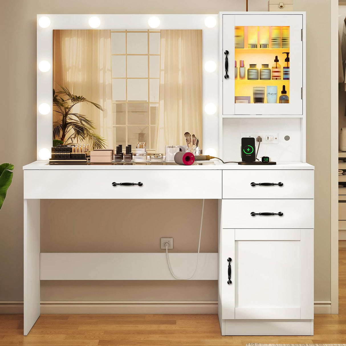 Quimoo Vanity Desk, Makeup Vanity with Lights, Large Mirror Vanity with 3 Drawers and 2 Cabinets, Vanity Table Set with Power Outlet and Glass Tabletop, for Bedroom (White) Quimoo