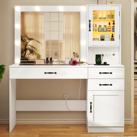 Quimoo Vanity Desk, Makeup Vanity with Lights, Large Mirror Vanity with 3 Drawers and 2 Cabinets, Vanity Table Set with Power Outlet and Glass Tabletop, for Bedroom (White) Quimoo