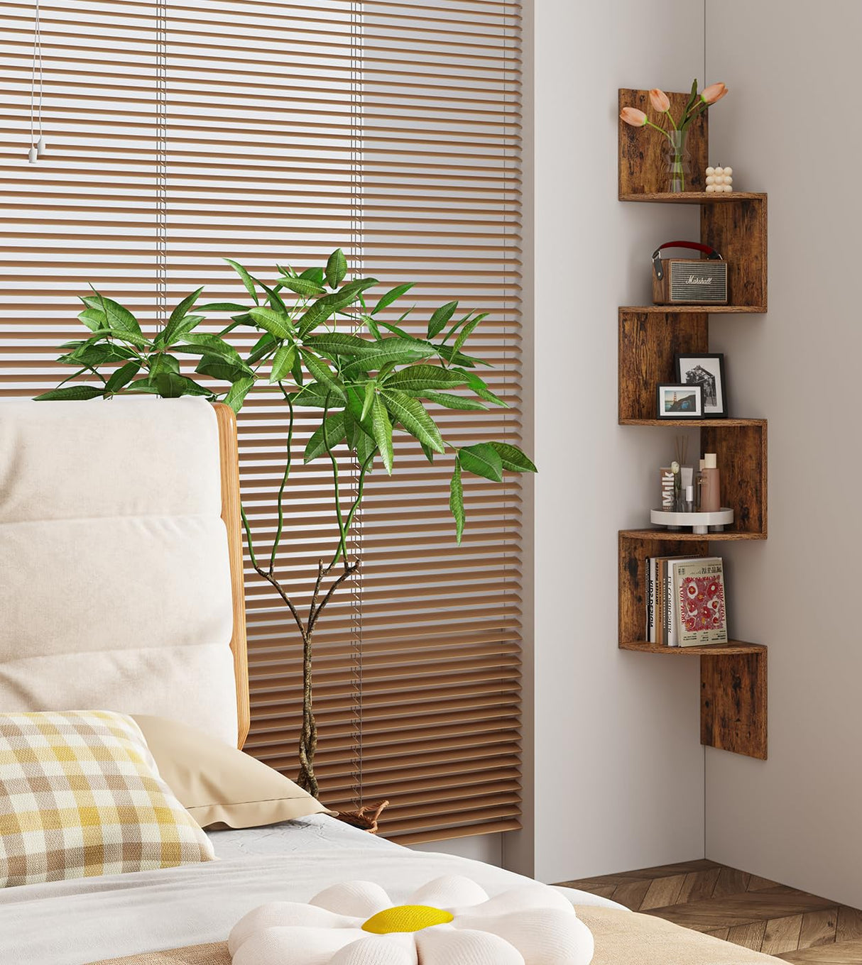 VIMBER 5-Tier Corner Shelf Wall Mount, Corner Bookshelf, Industrial Corner Ladder Shelf, Modern Display Shelf for Living Room, Bedroom, Kitchen, Home Office, Bathroom, Rustci Brown UJSJ003F VIMBER