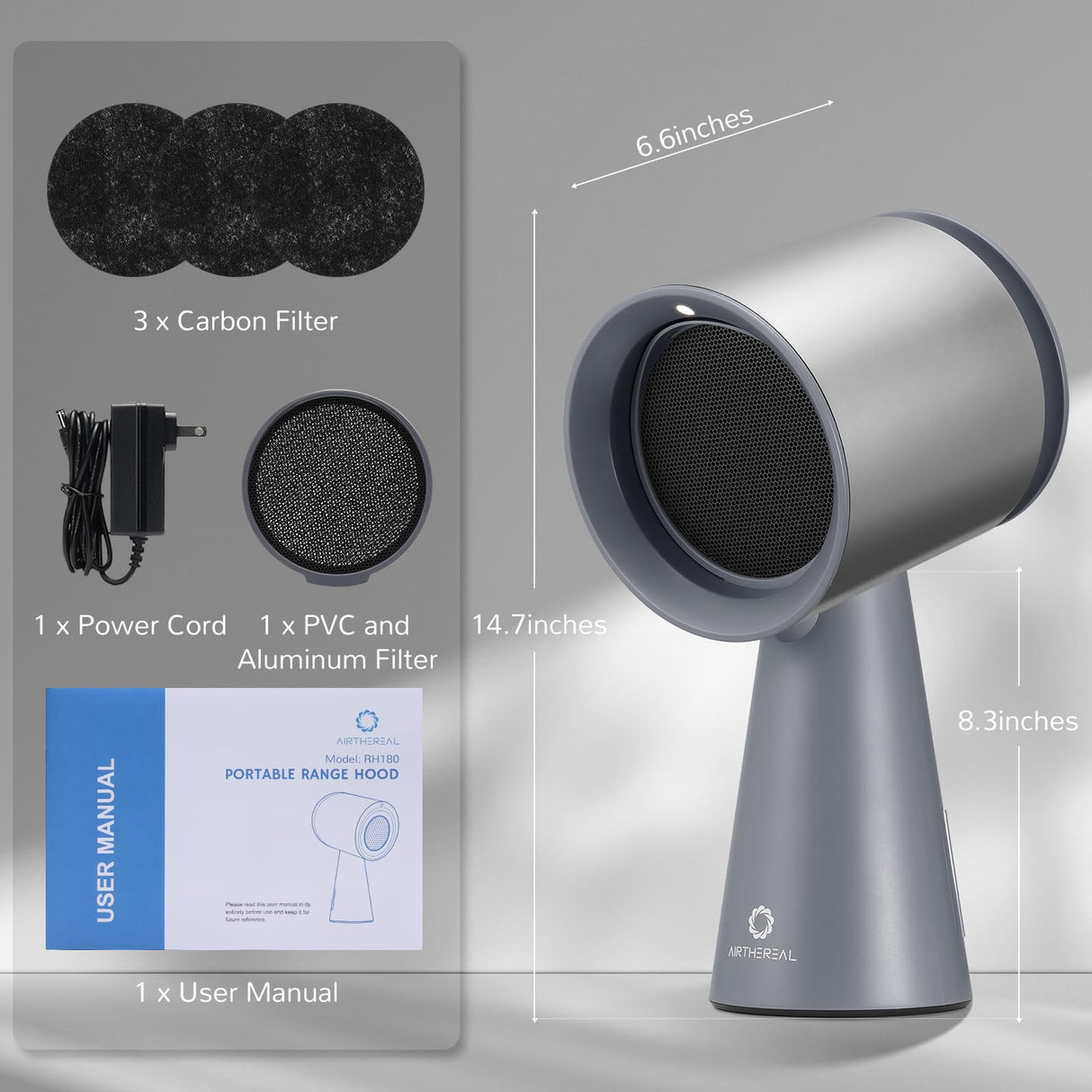 AIRTHEREAL RH180 Desktop Range Hood with 3 Speeds and Large Oil Collection Cup, Detachable Aluminum Carbon Filter, Low Noise Portable Kitchen Exhaust Fan for Cooking, Silver AIRTHEREAL