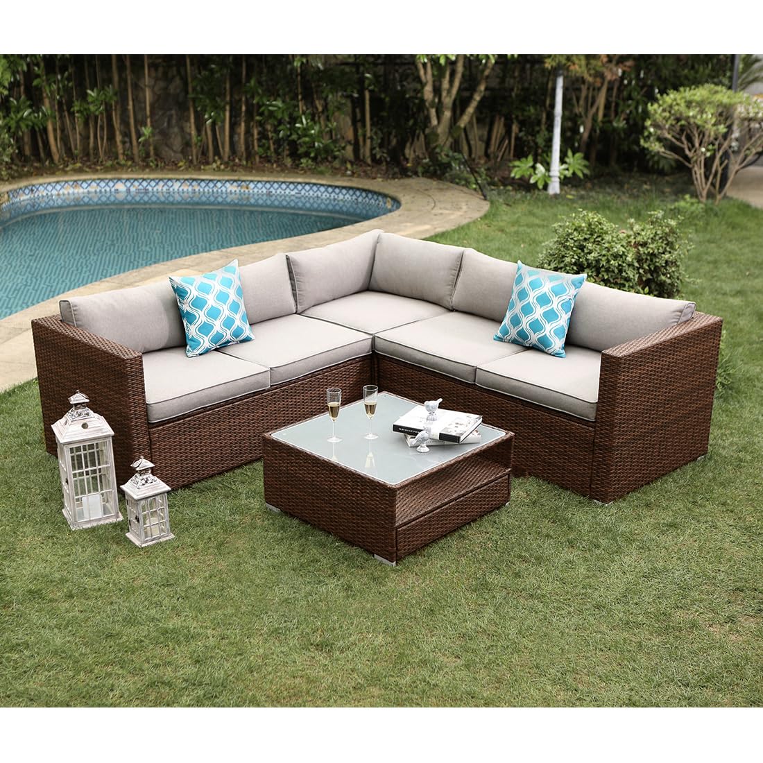 COSIEST 4-Piece Outdoor Furniture Set All-Weather Brown Wicker Sectional Sofa w Warm Gray Thick Cushions, Glass Coffee Table, 2 Teal Pattern Pillows COSIEST