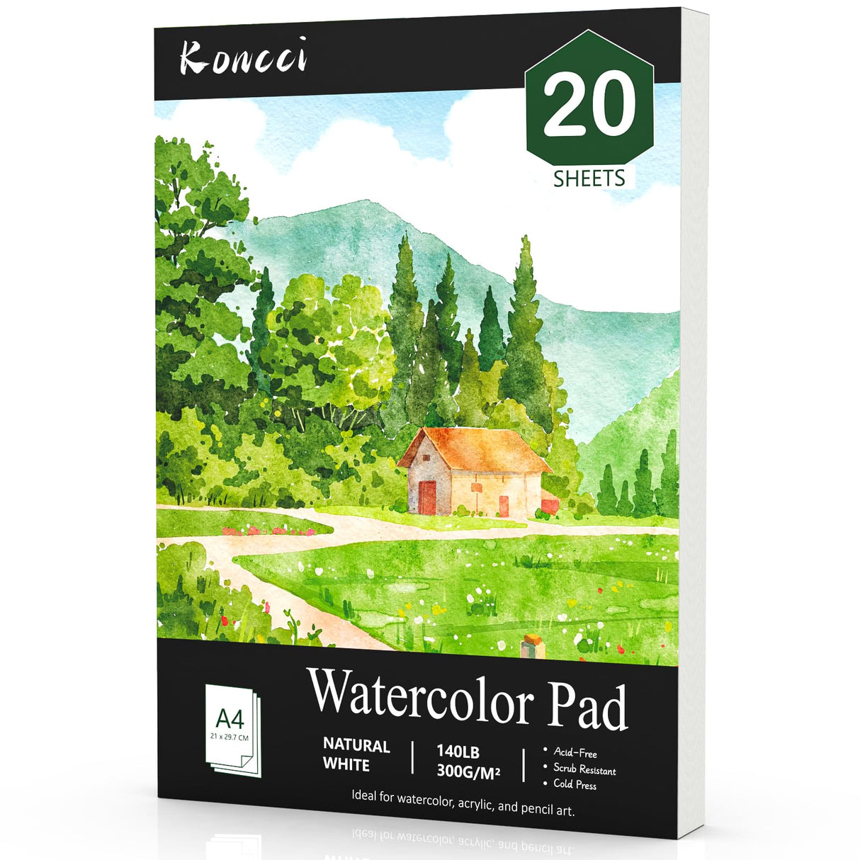 Koncci Watercolor Paper Pad (8.3"x11.7"-A4), 20 Sheets Watercolor Sketchbook, 140lb/300gsm, Glue Bound, Natural White, Cold Press & Acid-Free Water Color Paper for Adults Kids Beginner Students Koncci