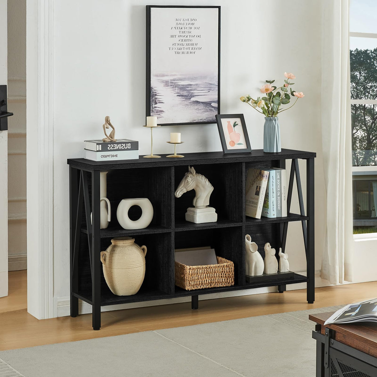 HOMISSUE 6 Cube Storage Organizer Shelf, Rustic Short Wide Bookshelf with Cube Storage, Industrial Low Cube Bookshelf with 3 Tier Shelf, Horizontal Bookcase for Living Room, Office, Black HOMISSUE