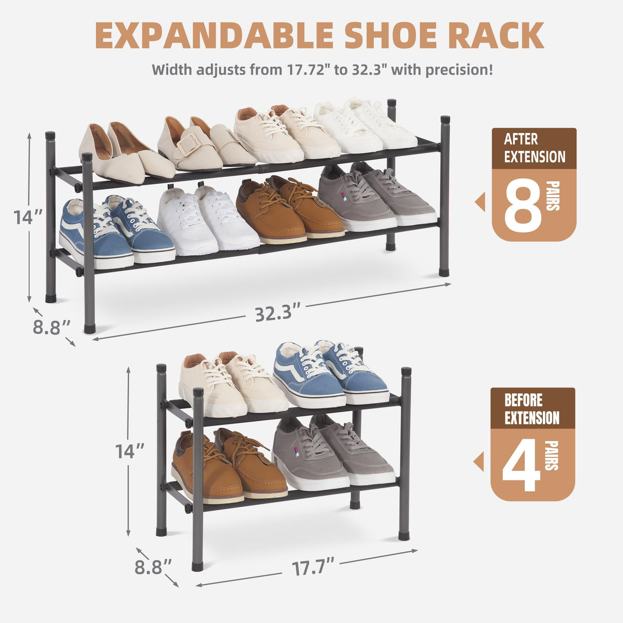 STORAGE MANIAC Expandable Shoe Rack, 8 Pairs Stackable Small Shoe Rack, Metal Adjustable Shoes Organizer for Closet, Entryway, Hallway, Garage, Front Door, Shoes Shelves, Black 2 Tier STORAGE MANIAC