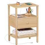 Lerliuo Nightstand with Charging Station and USB Ports, 3-Tier Storage End Table with Drawer Shelf, Night Stand for Small Spaces, Wood Bedside Table for Living Room, Bedroom - Natural Wood Lerliuo