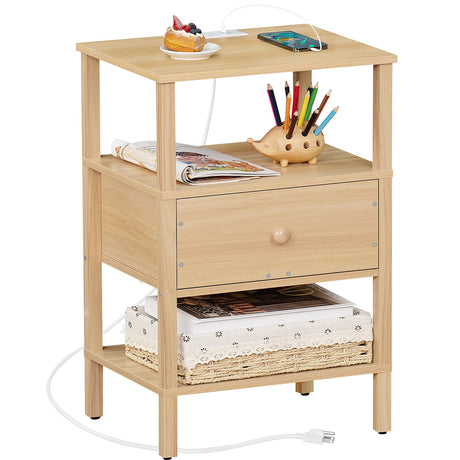 Lerliuo Nightstand with Charging Station and USB Ports, 3-Tier Storage End Table with Drawer Shelf, Night Stand for Small Spaces, Wood Bedside Table for Living Room, Bedroom - Natural Wood Lerliuo