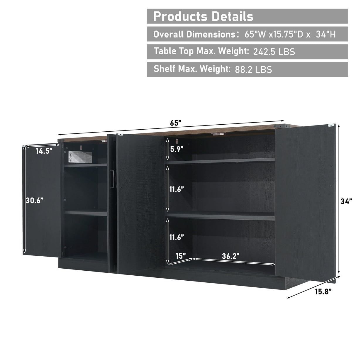 Sideboard Buffet Cabinet with Storage - 65’’ Large Farmhouse Buffet Table Coffee Bar Cabinets, Modern Accent Cabinet with Adjustable Shelf and 4 Doors, for Kitchen, Dining Room, Living Room, Black chartustriable