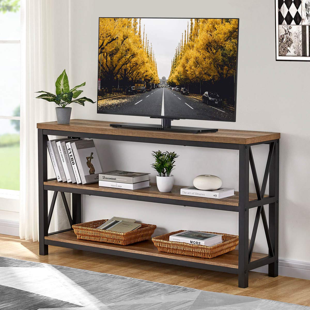 FATORRI Rustic Oak Industrial Console Table with 3-Tier Shelves for Entryway and Living Room FATORRI