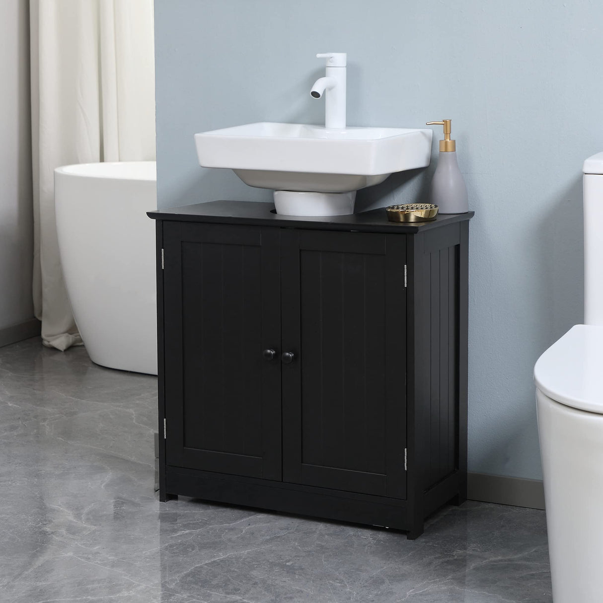 HOMCOM Under Sink Bathroom Cabinet with 2 Doors and Shelf, Pedestal Sink Bathroom Vanity Cabinet, Black HOMCOM