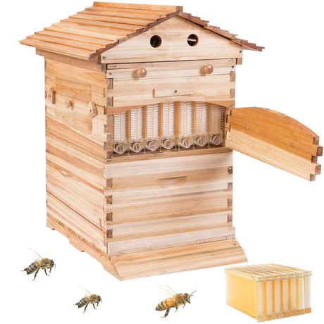 LWestine Bee Hives Wooden Beehive Kit Automatic Box with 7 Pieces Frames Auto Honey House for Beginning and Professional Beekeepers LWestine