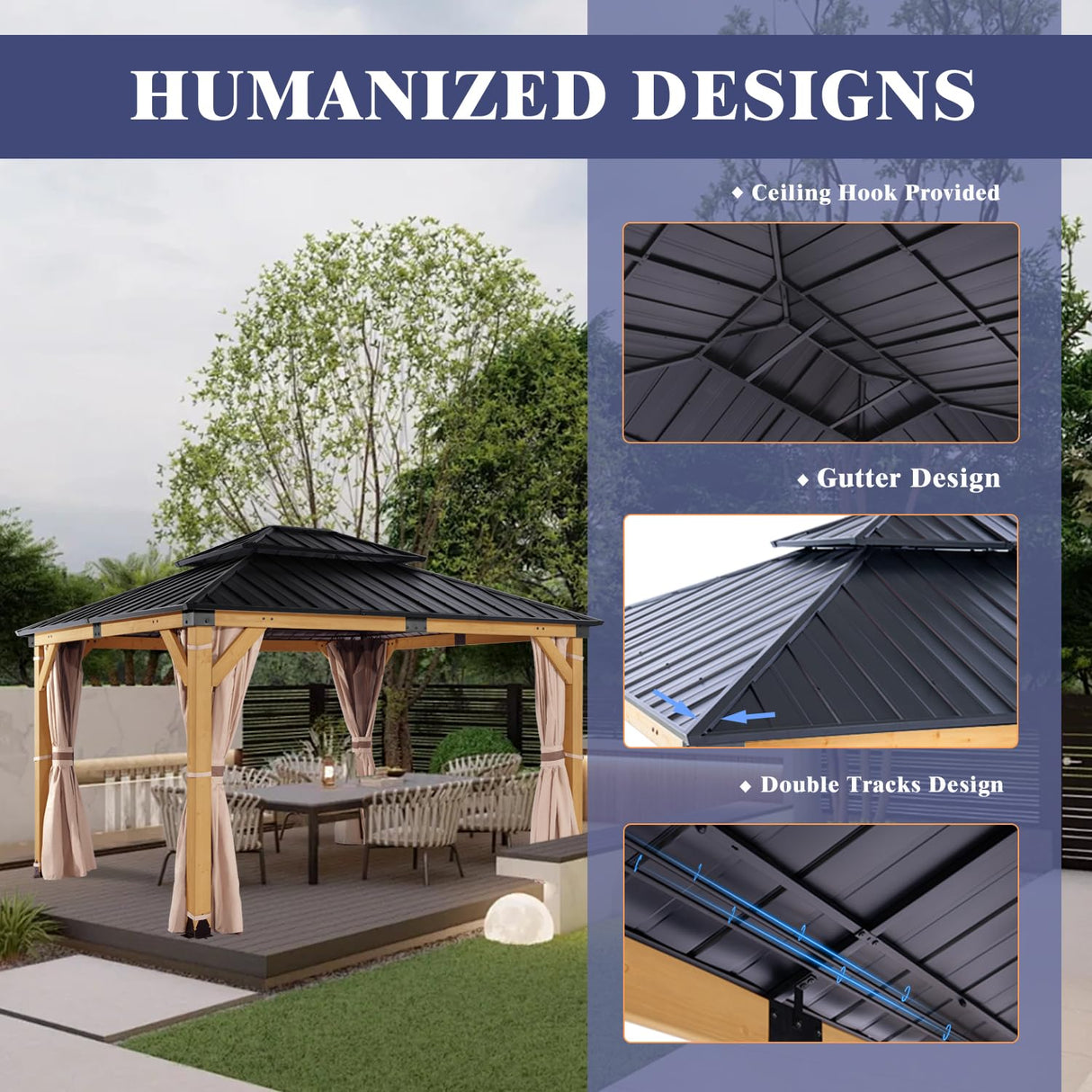 CHARMELEON 10'x12' Wood Gazebo,Patio Cedar Wood Gazebo with Mosquito Netting and Curtains, Galvanized Steel Hardtop Pavilion for Outdoor, Garden, Deck CHARMELEON