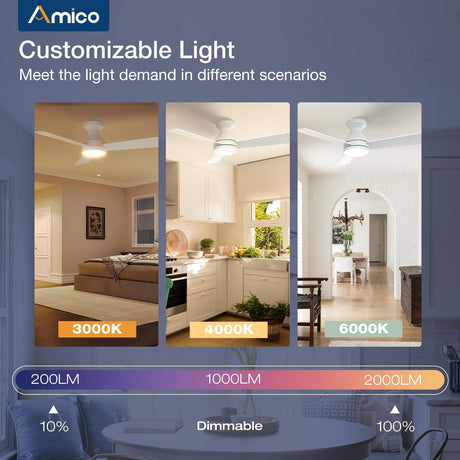 Amico Ceiling Fans with Lights, 42 inch Low Profile Ceiling Fan with Light and Remote Control, Flush Mount, Reversible, 3CCT, Dimmable, Noiseless, White Ceiling Fan for Bedroom, Indoor/Outdoor Use Amico