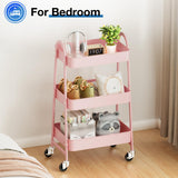 OLIXIS 3 Tier Utility Rolling Cart, Metal Mobile Storage Shelf with Lockable Caster Wheels, Organization for Livingroom, Bathroom & Narrow Places, Pink OLIXIS
