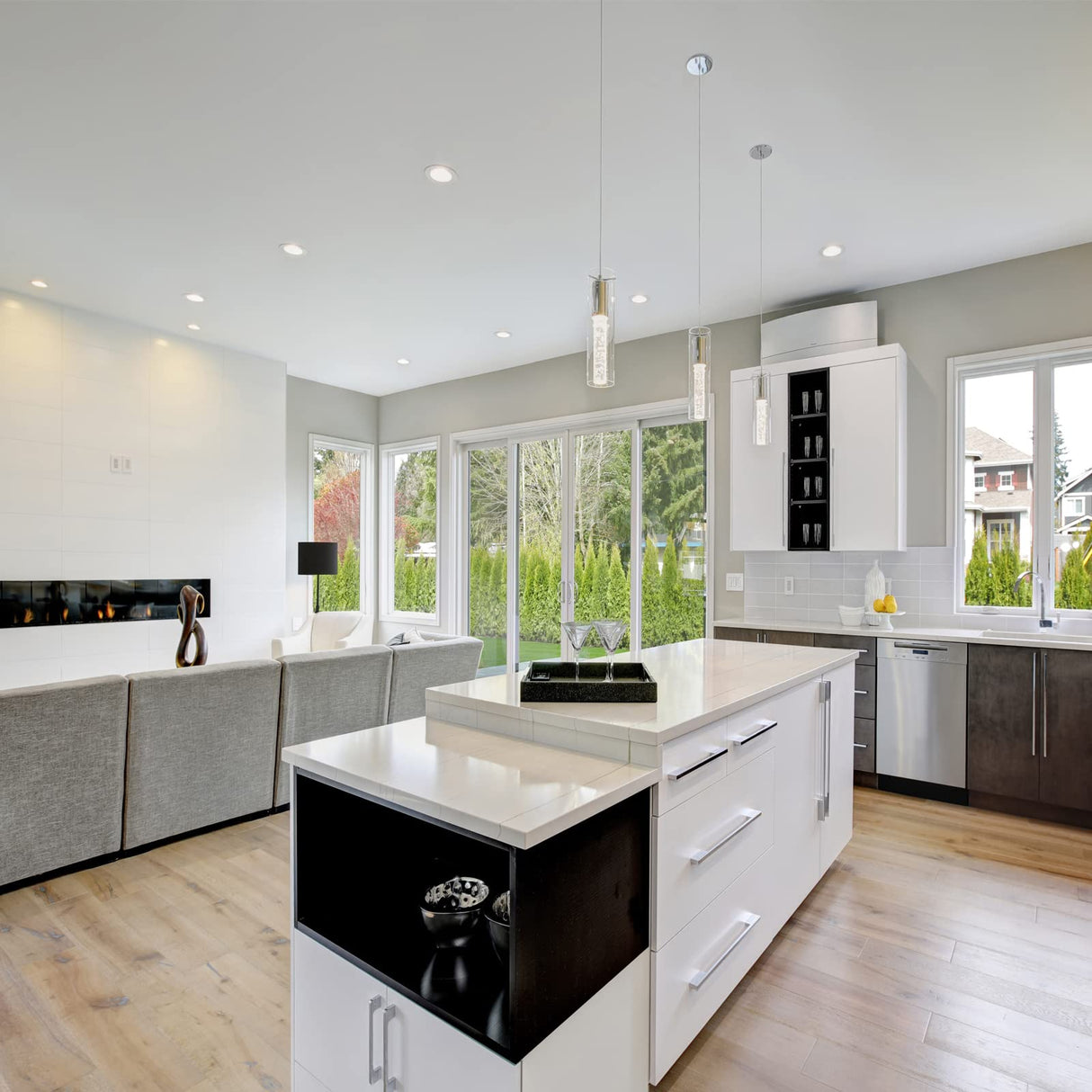 Esfos Pendant Ceiling Light Fixture, LED Kitchen Lighting Crystal Pendant Lights Kitchen Island, 1-Light Integrated Kitchen Hanging Light Fixture Modern Island Light with Bubble Glass Three Pack Esfos