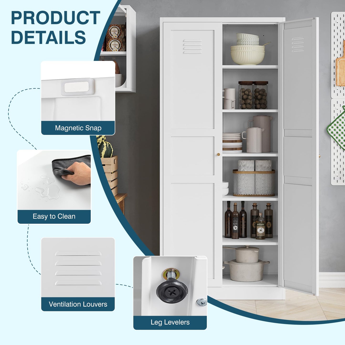 MIIIKO Metal Pantry Cabinet, Utility Storage Cabinets with 2 Doors and 5 Shelves, Versatile Freestanding Tall Cupboard for Kitchen, Bedroom, Laundry Room and Office, 71" H x 15.7" D x 31.5" W - WoodArtSupply