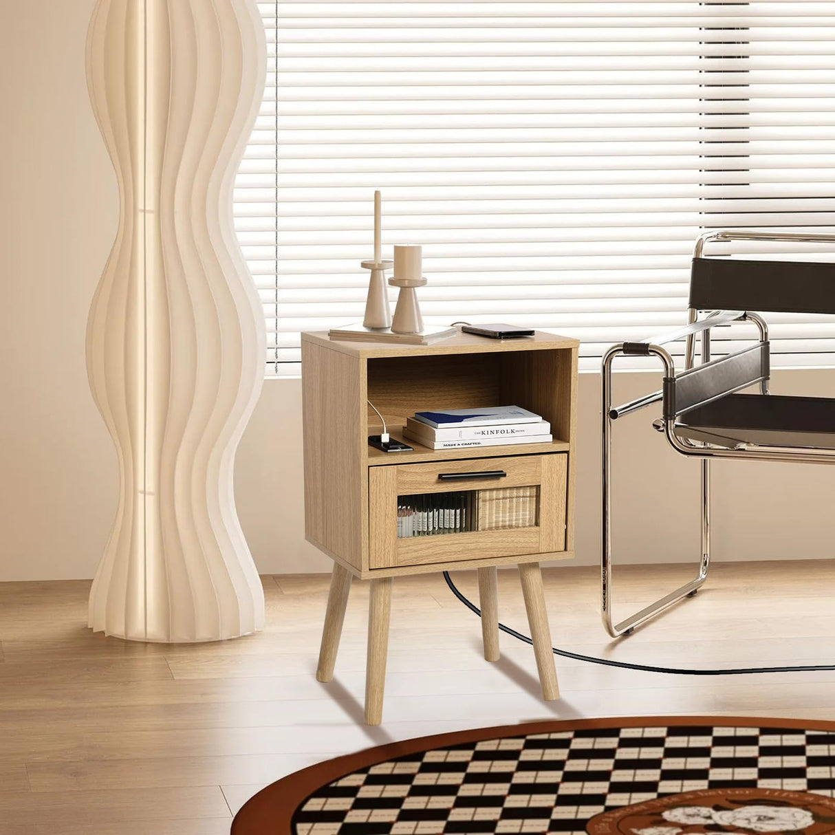 23inch Nightstand with Charging Station,2 AC outlets and 2 USB Ports, Mid Century Modern Nightstand, Bedside Tables for Bedroom, Natural Wood Side Table with Storage Drawer(Wood-1PCS) i-VTIES