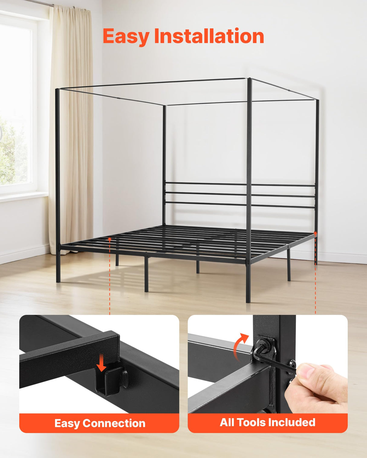 VEVOR Canopy Bed Frame King Size, Metal Canopy Bed with Four Posters Design, Heavy Duty Steel Slats Support, Underbed Storage Space, No Box Spring Needed, Easy Assembly, Black VEVOR
