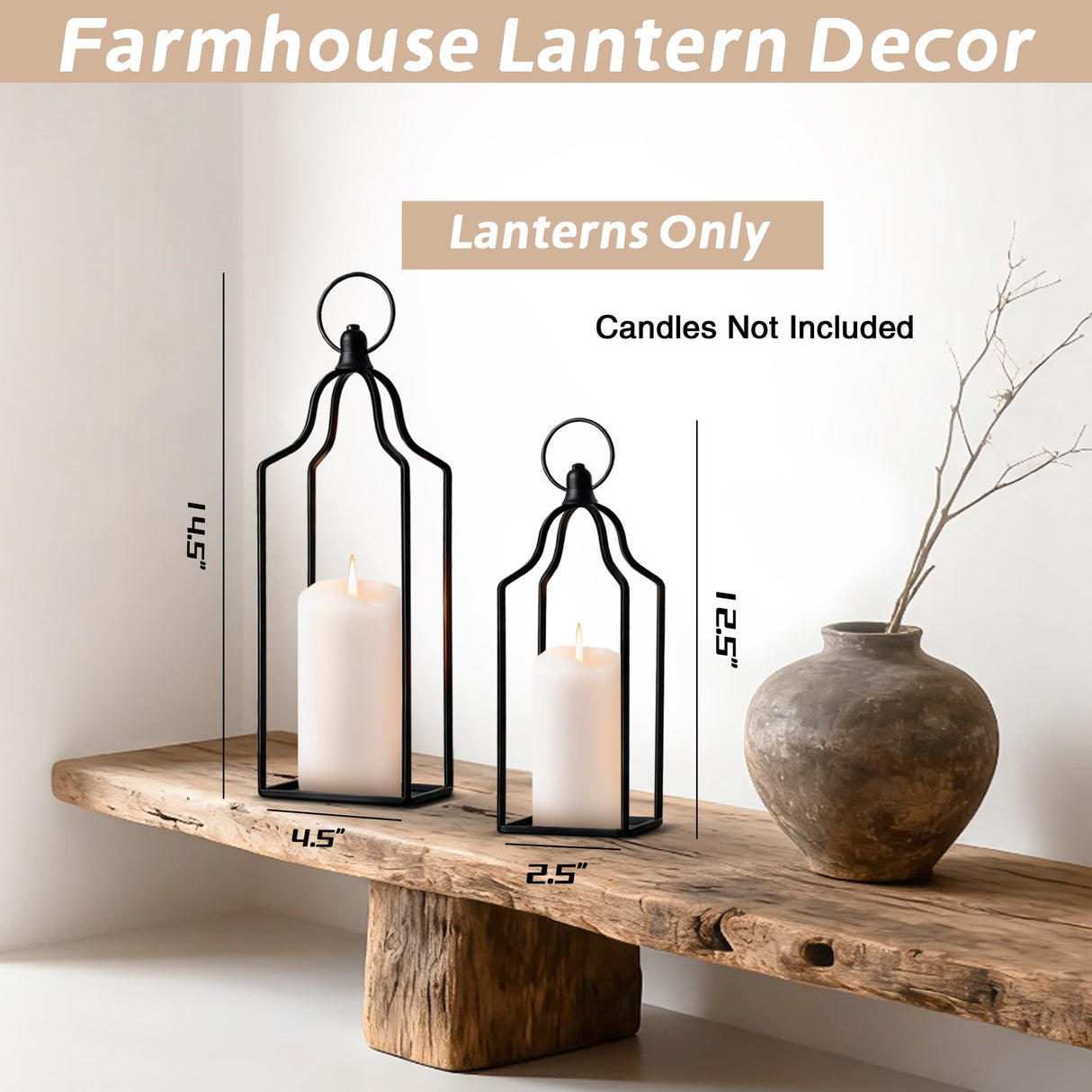 Rustic Farmhouse Decor Metal Lantern Set of 2 Decorative Lanterns for Home Indoor Outdoor Living Room, Fireplace, Patio, Wedding & Kitchen Table Centerpieces Gelazurem