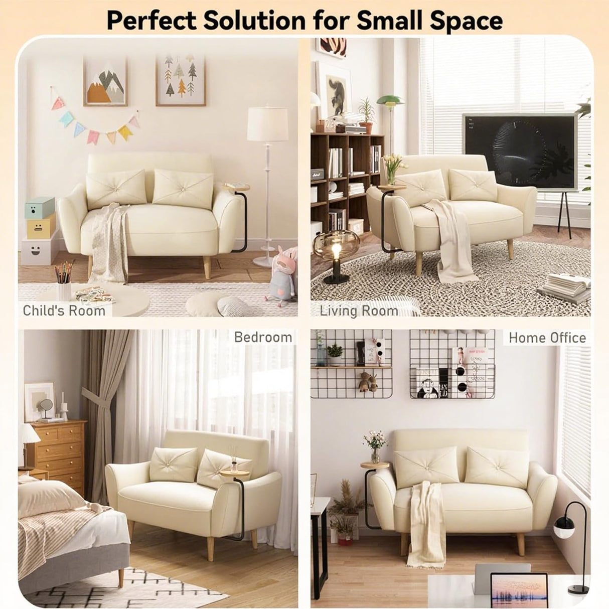 Brelice Loveseat Sofa, 47" Velvet Couch for Bedroom, Convertible Wooden Tray & Ergonomic Armrest, for Small Space, Apartment, Living Room, Home Office, Easy Assembly, Beige Brelice