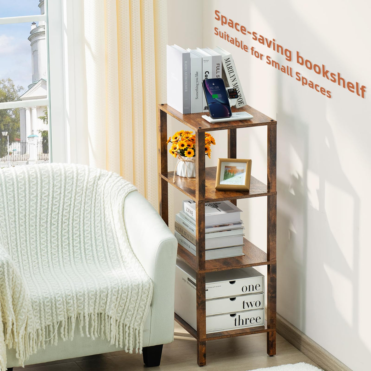 YUFAM 4 Tier Tall Wooden Bookshelf with Storage - Small Bookcase for Small Spaces, Small Shelf for Living Room, Office, Bedroom, Kitchen - Industrial Retro Brown Book Shelf YUFAM