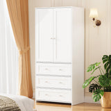 VOWNER Armoire Wardrobe Closet with Drawers and Mirror, 71" Clothing Storage Cabinet with Hanging Rod, 2 Doors Wooden Wardrobe Cabinet for Bedroom, Large Capacity Storage, White VOWNER
