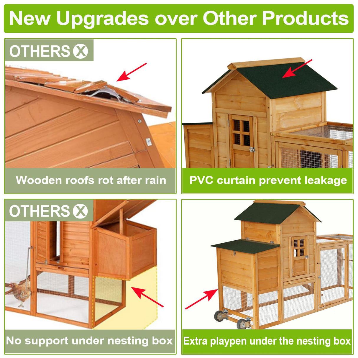 Ecolinear 80” Mobile Chicken Coop for 1-2 Chickens with Wheels,Outdoor Wooden Hen House with Nesting Box,Large Rabbit Hutch, Outside Poultry House,Wire Fence Run Cages,Weatherproof for Backyard,Wood ECOLINEAR