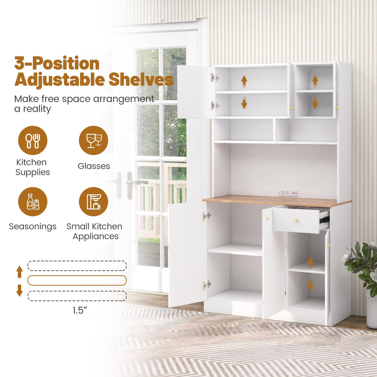 LOKO 71” Tall Kitchen Hutch Storage Cabinet, Freestanding Buffet Cupboard with Outlets & USB Ports, 3-Position Adjustable Shelves, Modern Pantry Cabinet with Microwave Stand for Dining Room, White LOKO