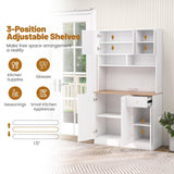 LOKO 71” Tall Kitchen Hutch Storage Cabinet, Freestanding Buffet Cupboard with Outlets & USB Ports, 3-Position Adjustable Shelves, Modern Pantry Cabinet with Microwave Stand for Dining Room, White LOKO