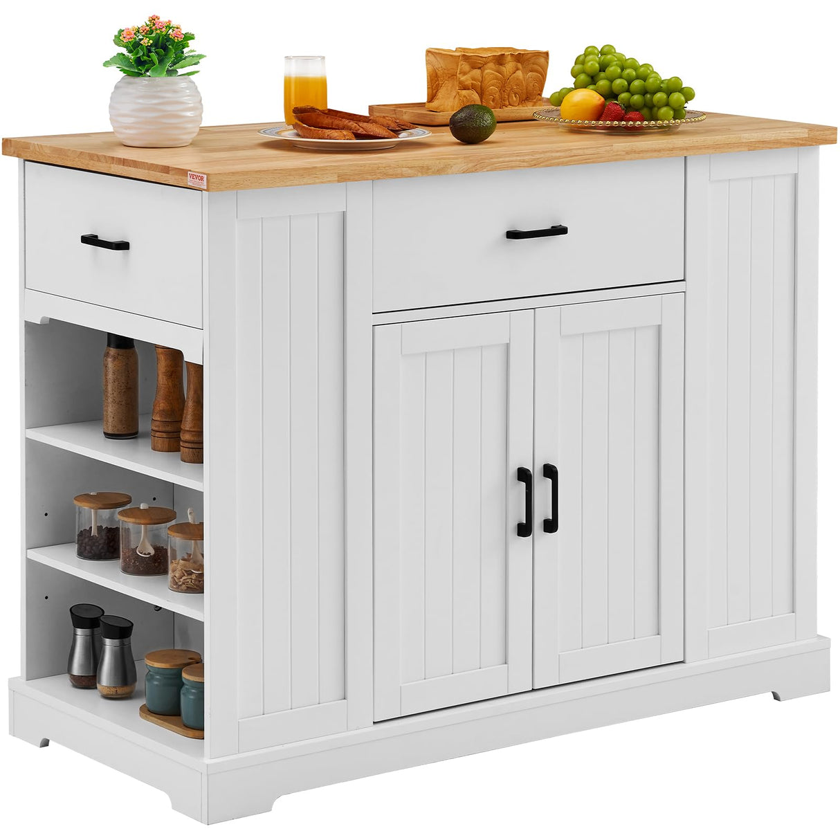VEVOR Kitchen Island Cart, 46" Wood Top Breakfast Bar with Storage Cabinet, Farmhouse Kitchen Table with Adjustable Shelf, Drawer, for Dining Kitchen Living Room, White VEVOR