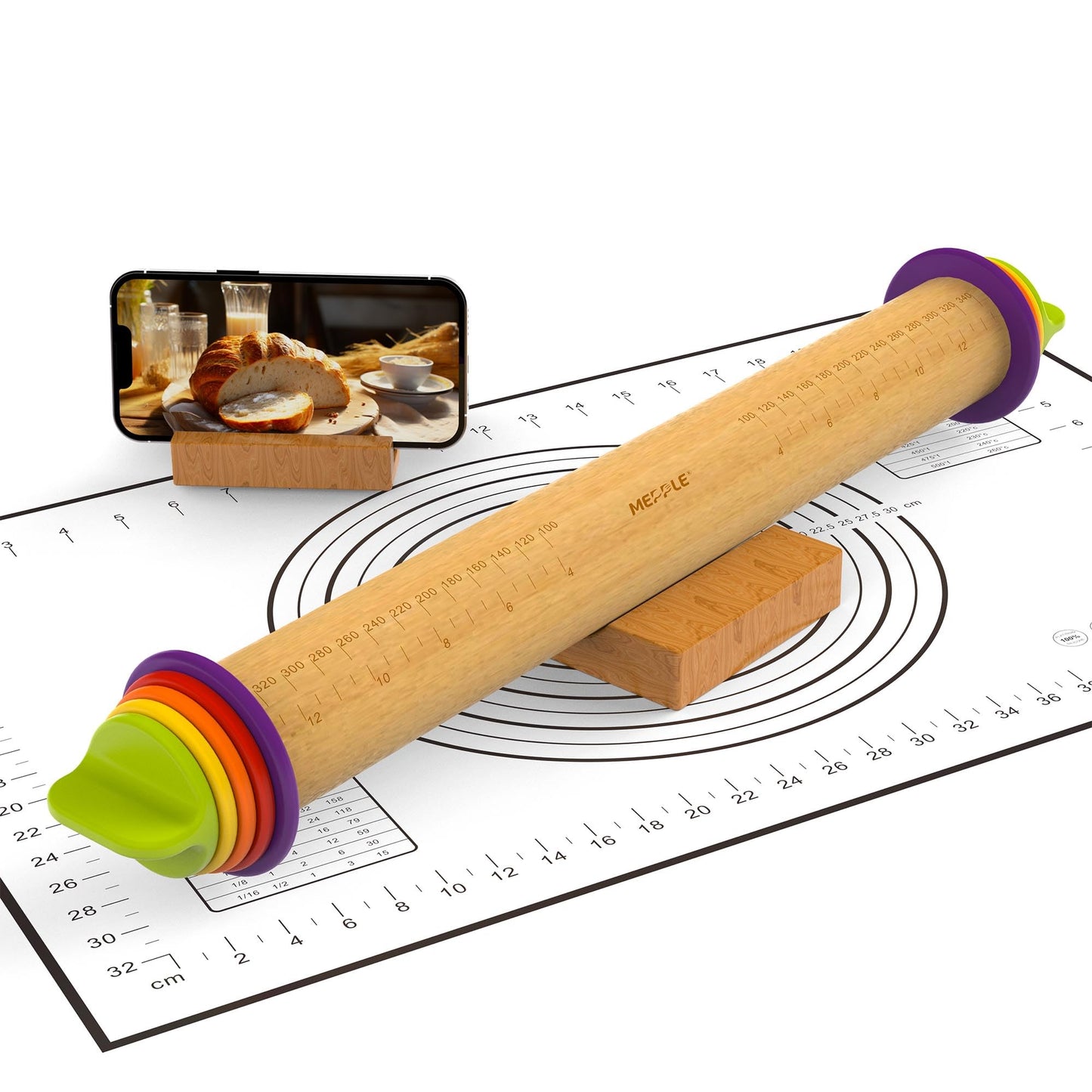 Mepple Rolling Pin with Thickness Rings and Pastry Baking Mat, 13.6" Adjustable Wood Rolling Pin Dough Roller for Baking Cookie Pizza, Comes with Large Silicone Pastry Mat and Wooden Stand