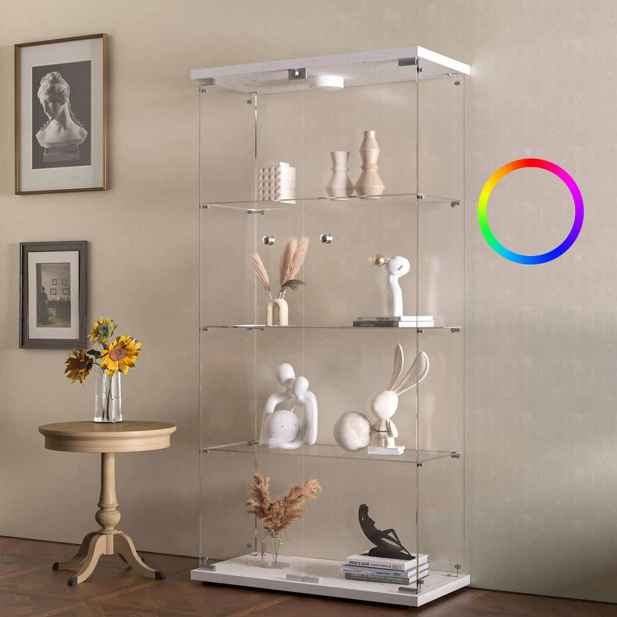 HAMBING Glass Display Cabinet 4 Shelves with Light and Lock, 2 Doors Trophy Curio Jewelry Cabinet Collection Display Showcase, for Bedroom, Office, HAMBING
