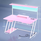 Pink Gaming Desk with Hutch and LED Lights, 55" Computer Desk with Storage Shelves, Reversible PC Gaming Desk with Pegboard, Gaming Table Gamer Desk for Bedroom, Carbon Fiber Pink armocity
