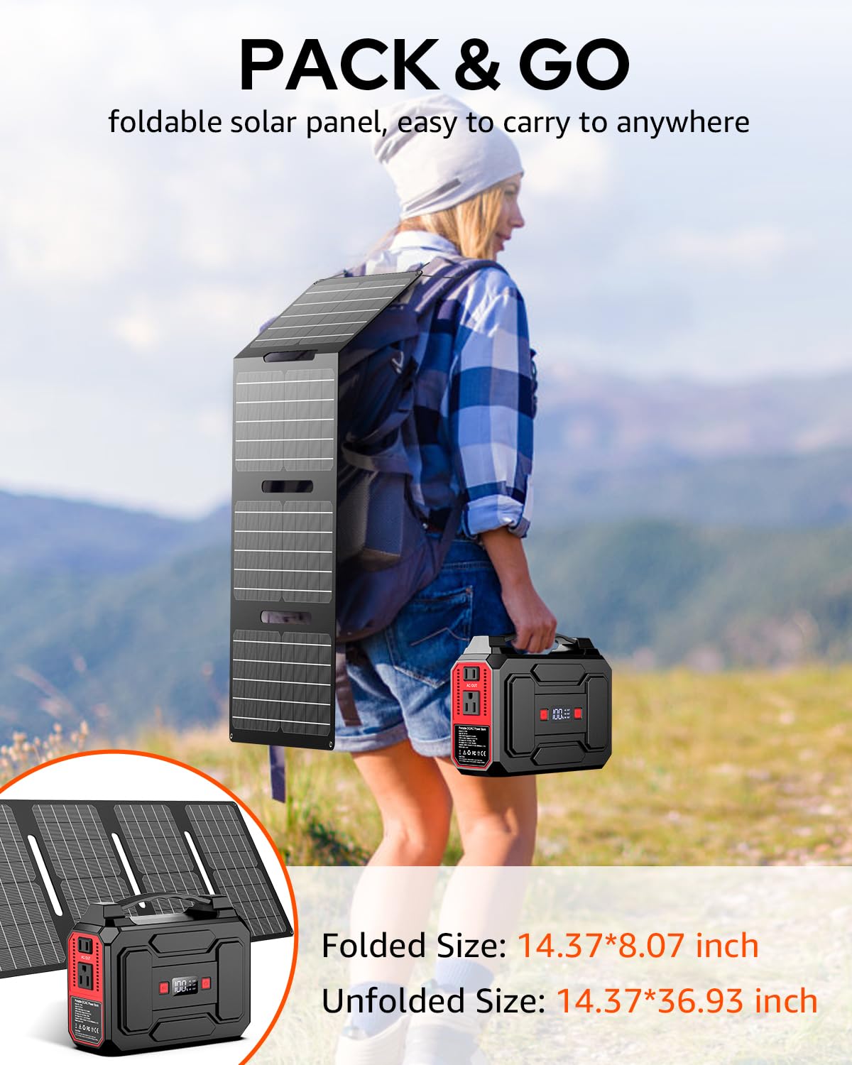 Solar Powered Generator 200W Peak/100W Rated, Portable Solar Generator Power Station with Solar Panels 40W Included, 146Wh Solar Power Bank with AC Outlet 110V for Home Use Camping Outdoor Ad - WoodArtSupply