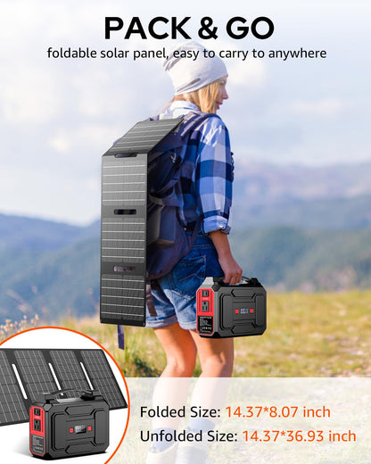 Solar Powered Generator 200W Peak/100W Rated, Portable Solar Generator Power Station with Solar Panels 40W Included, 146Wh Solar Power Bank with AC Outlet 110V for Home Use Camping Outdoor Ad - WoodArtSupply