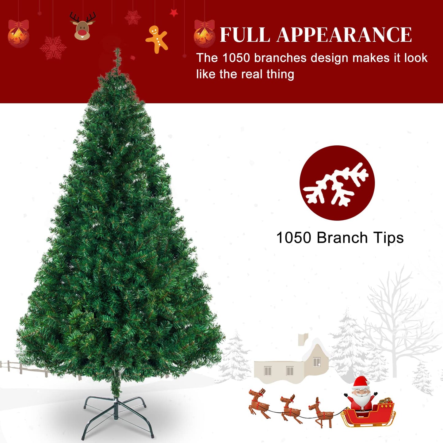 Karl home 8ft Green Artificial Christmas Tree, Classic Spruce Tree with Sturdy Metal Stand for Home, Office, Party Festival Holiday Decoration,1454 PVC Branch