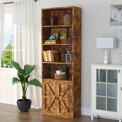 Stunning 6-Tier Brown Wooden Bookcase with Elegant Cabinet Doors by oneinmil - WoodArtSupply