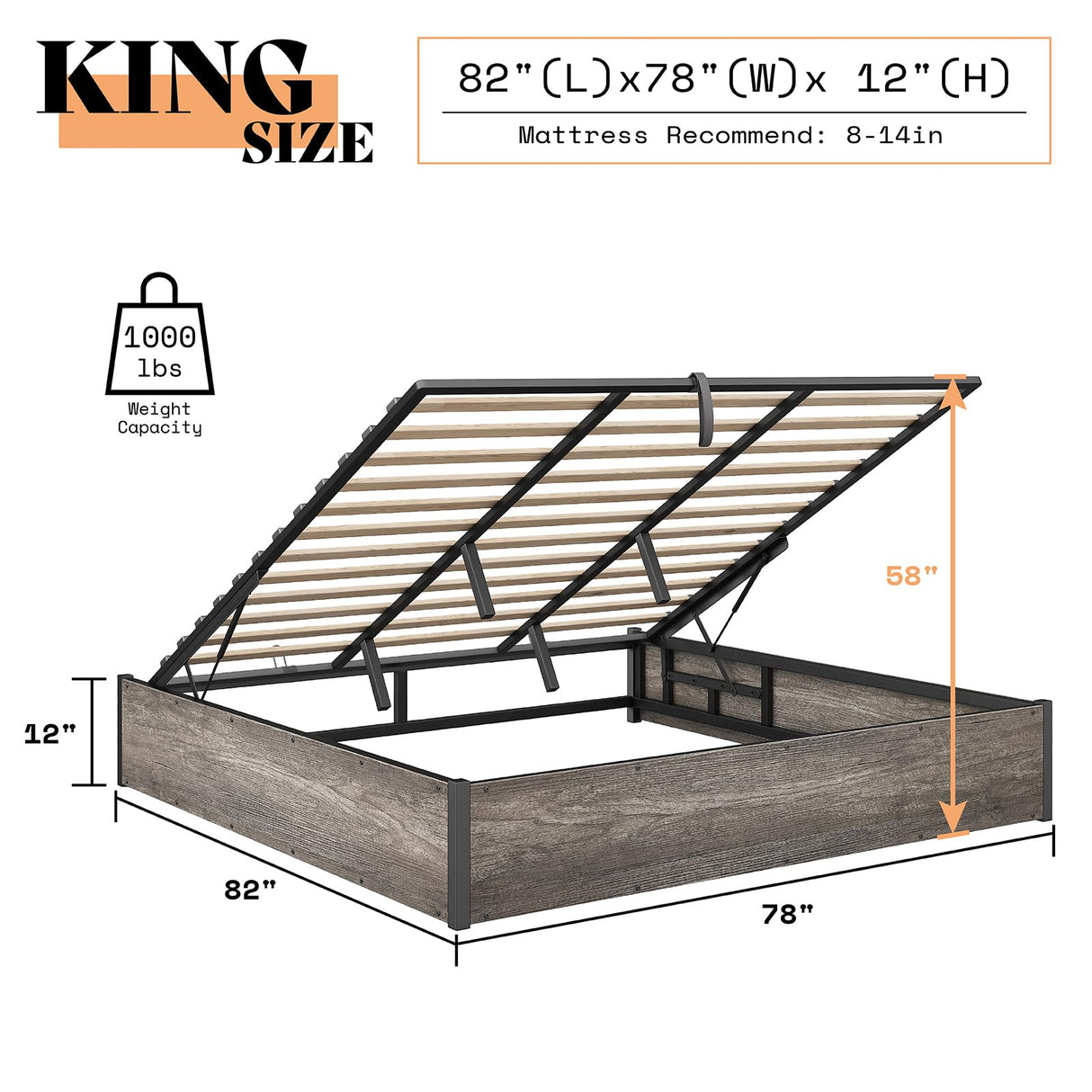 AMERLIFE Lift Up Storage Bed, King Bed Frame with Storage Underneath, Wooden Platform Bed Frame, Solid Wood Slats Support, No Fixed Headboard, No Box Spring Needed, Rustic Grey AMERLIFE