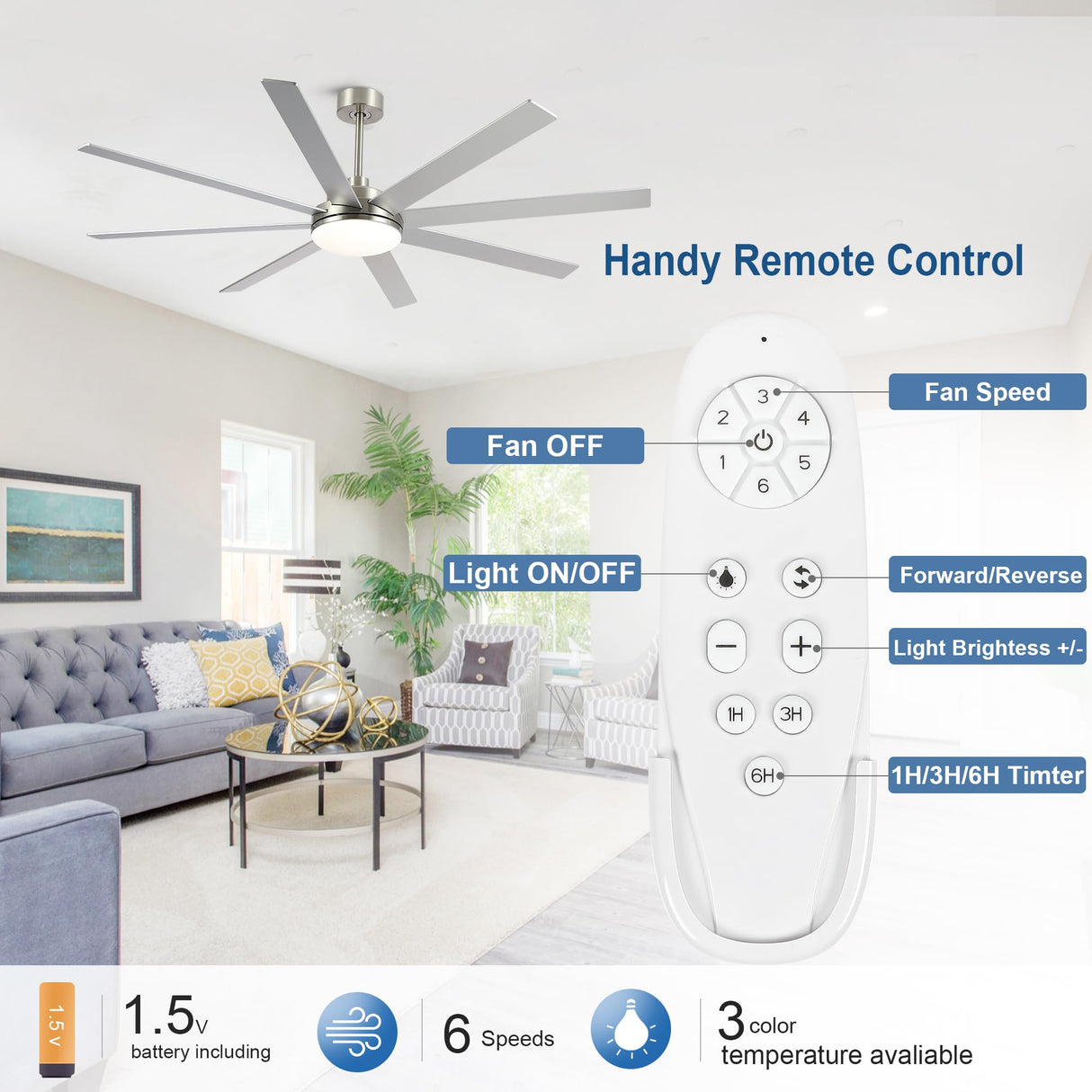 72 Inch Large Ceiling Fans with Lights and Remote, Modern Brushed Nickel Ceiling Fan for Indoor or Outdoor Patio, 6 Speed, Reversible, DC Motor, Timer, 3 CCT, Dimmable putroad