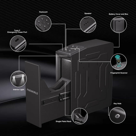 PINEWORLD Gun Safe For Handgun, Biometric Slider Bedside Handgun Safe, Pistol Lock Case for Nightstand,Sliding Door Hand Gun Safe for Pistol -with 3 Quick Access Fingerprint, PIN Code, KEY PINEWORLD